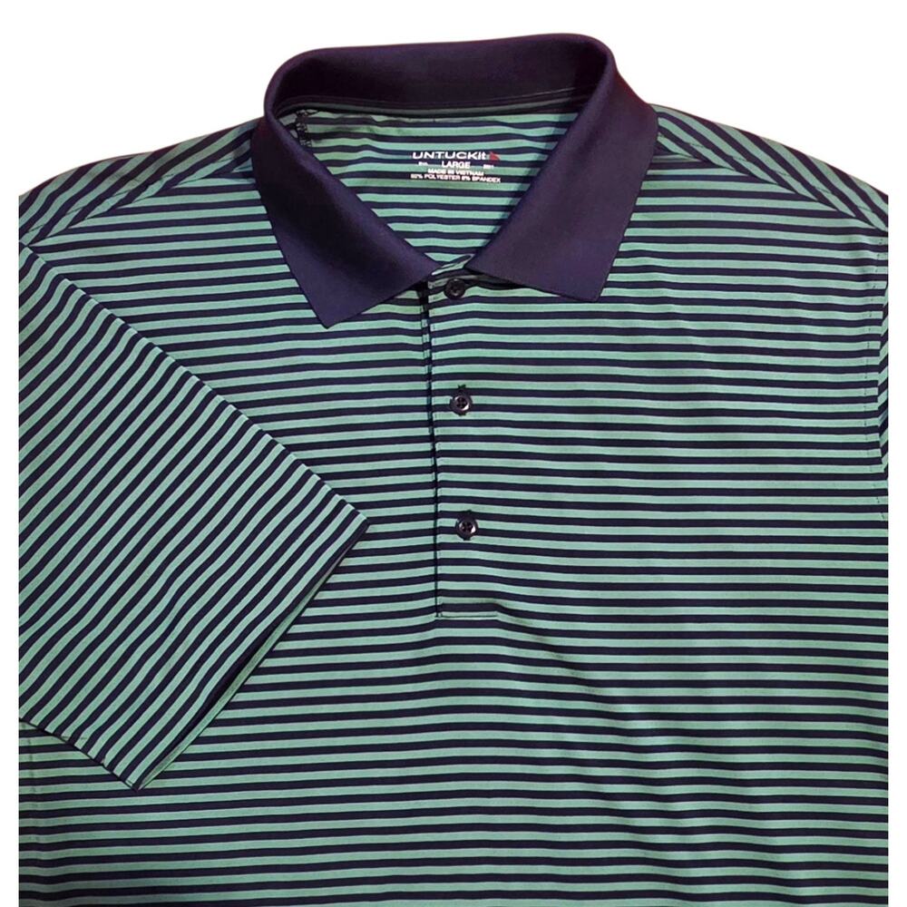 UNTUCKit Polo Shirt Striped Performance Fabric Green & Navy Blue sz L